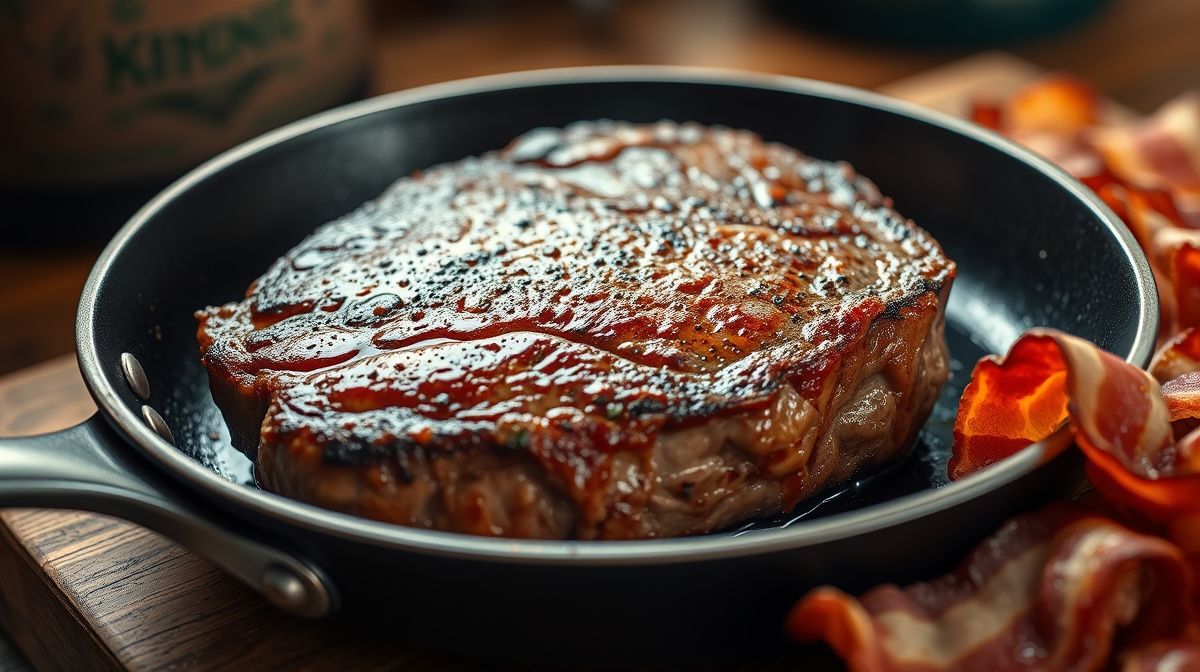 Close detalhado de filé mignon dourado selado na frigideira com cubos de bacon crocante ao lado, sobre uma superfície de cozinha rústica