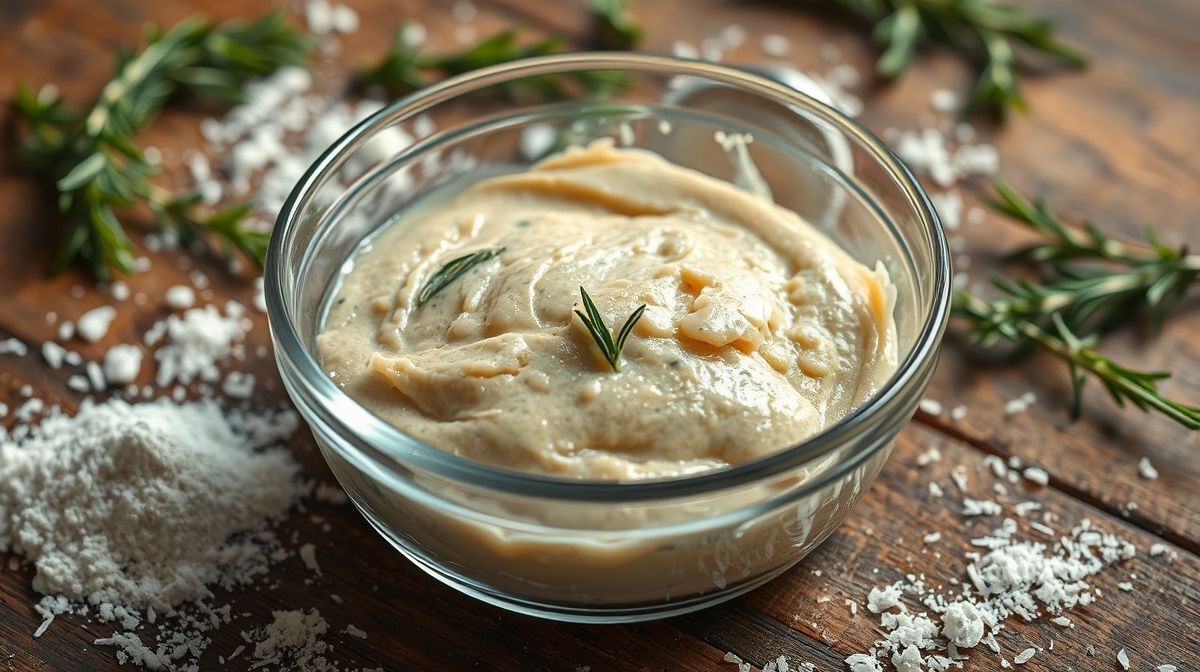 Close da massa líquida e pegajosa de focaccia sem glúten com alecrim em uma tigela transparente, com ingredientes naturais ao redor, como farinha de arroz, polvilho e alecrim fresco