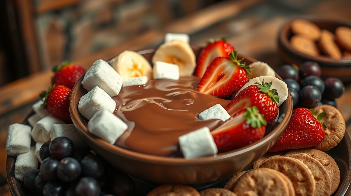 Close-up do fondue de chocolate cremoso com morangos frescos, uvas, bananas em rodelas, marshmallows e biscoitos, exibido em um pote bonito sobre uma mesa rústica em ambiente quente e convidativo