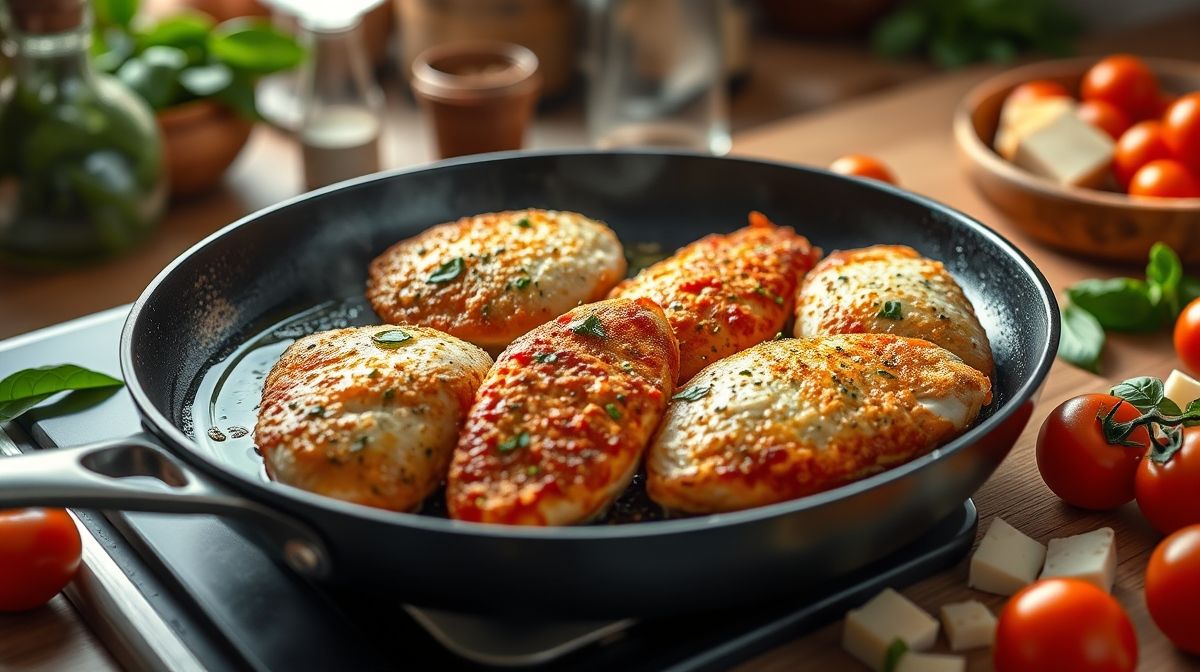 Passo a passo do preparo do frango à parmegiana: filés de frango empanados dourando em frigideira com óleo, ingredientes frescos ao redor, ambiente de cozinha aconchegante