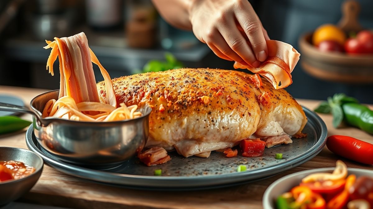 Passo a passo da preparação do frango à rolê: filés de peito de frango sendo recheados com bacon, calabresa e pimentão, ambiente de cozinha moderna, ingredientes frescos visíveis, estilo fotografia culinária