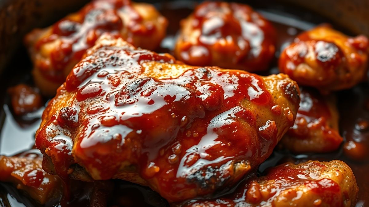 Close-up do frango ao molho ferrugem com molho caramelizado brilhante, sobre uma panela rústica, destacando a textura suculenta do frango e o molho ferrugem