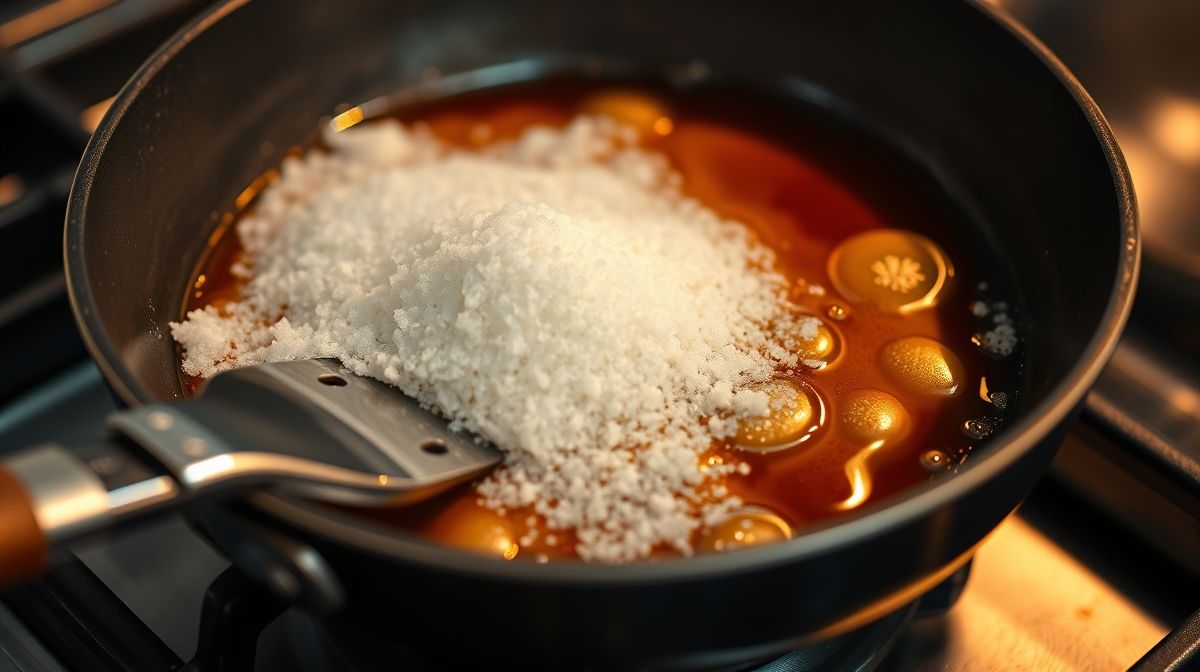 Close-up do processo de caramelização do açúcar em frigideira, mostrando o açúcar derretendo em fogo médio, com utensílio de cozinha ao lado