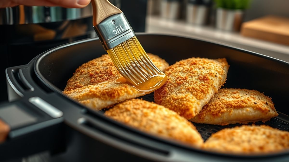 Close-up de filés de frango empanado sendo pincelados com azeite antes de ir na Airfryer, ambiente de cozinha moderna, foco nos detalhes do empanado