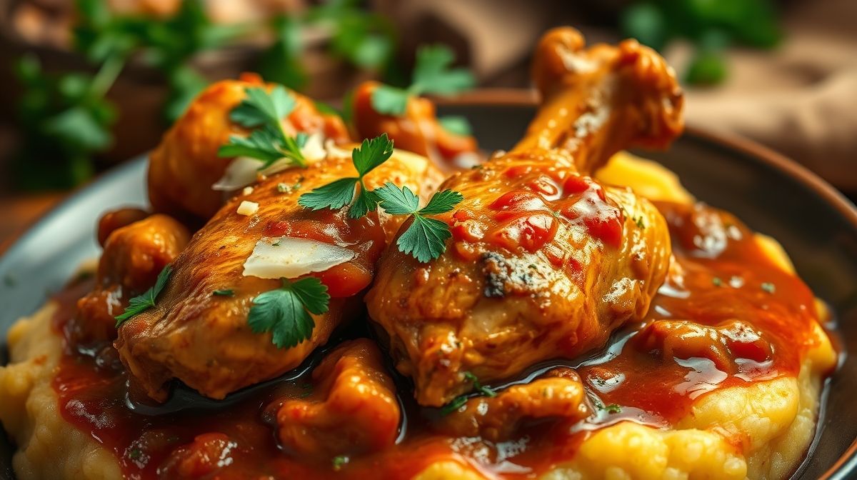 close-up de frango ensopado com molho rico e polenta cremosa com queijo parmesão, decorado com salsinha fresca, fundo de cozinha caseira