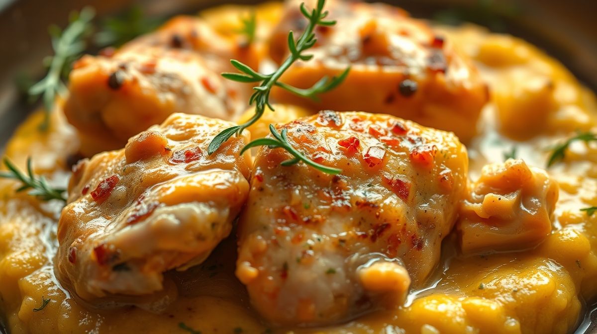 Imagem detalhada mostrando uma porção de galinha caipira suculenta coberta por polenta cremosa, com ervas frescas por cima, fotografia gastronômica em luz natural