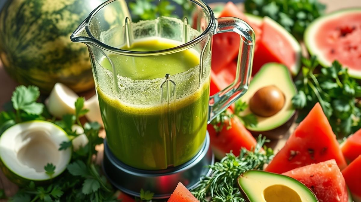 imagem detalhada da preparação do gaspacho verde com casca de melancia, mostrando ingredientes frescos como casca branca da melancia, abacate, ervas e um liquidificador em ação, estilo fotográfico natural e vibrante