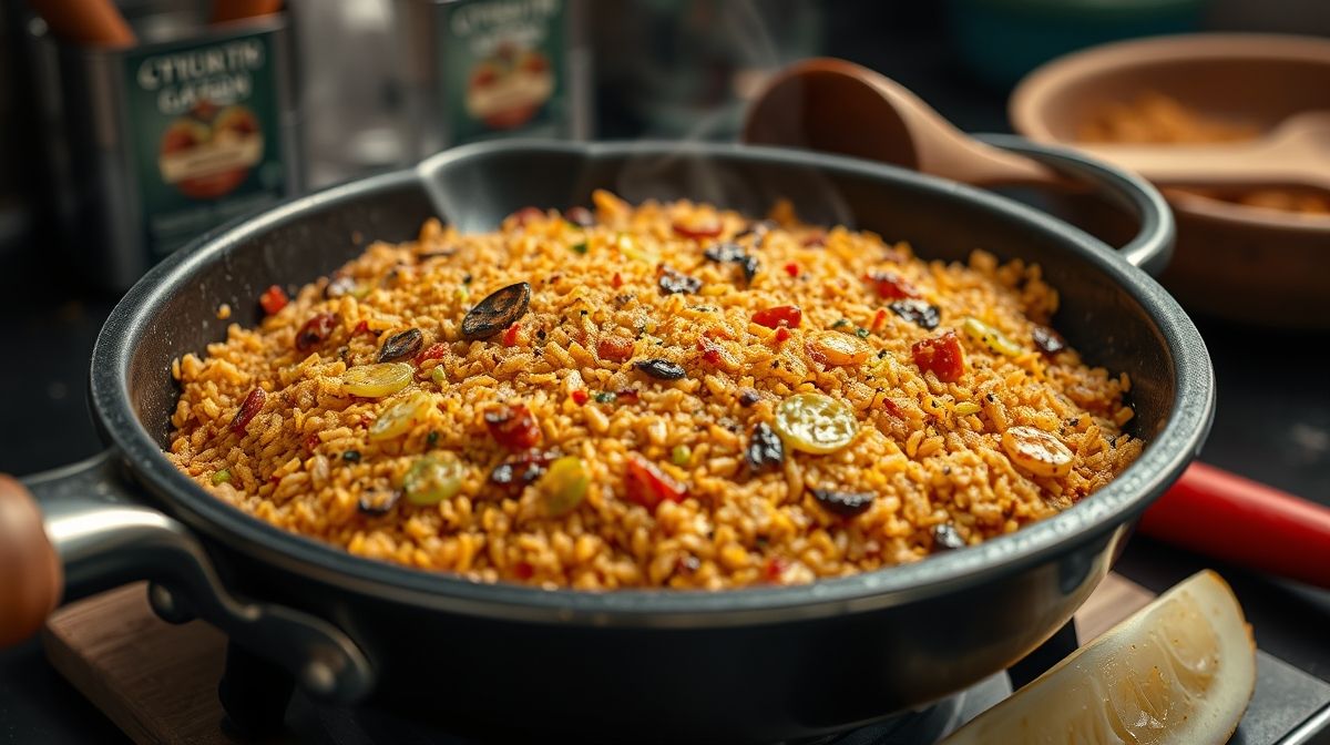 Close-up de grão de bico crocante recém-assado em uma assadeira, mostrando detalhes da crocância e temperos coloridos, cenário de cozinha com utensílios ao fundo desfocado