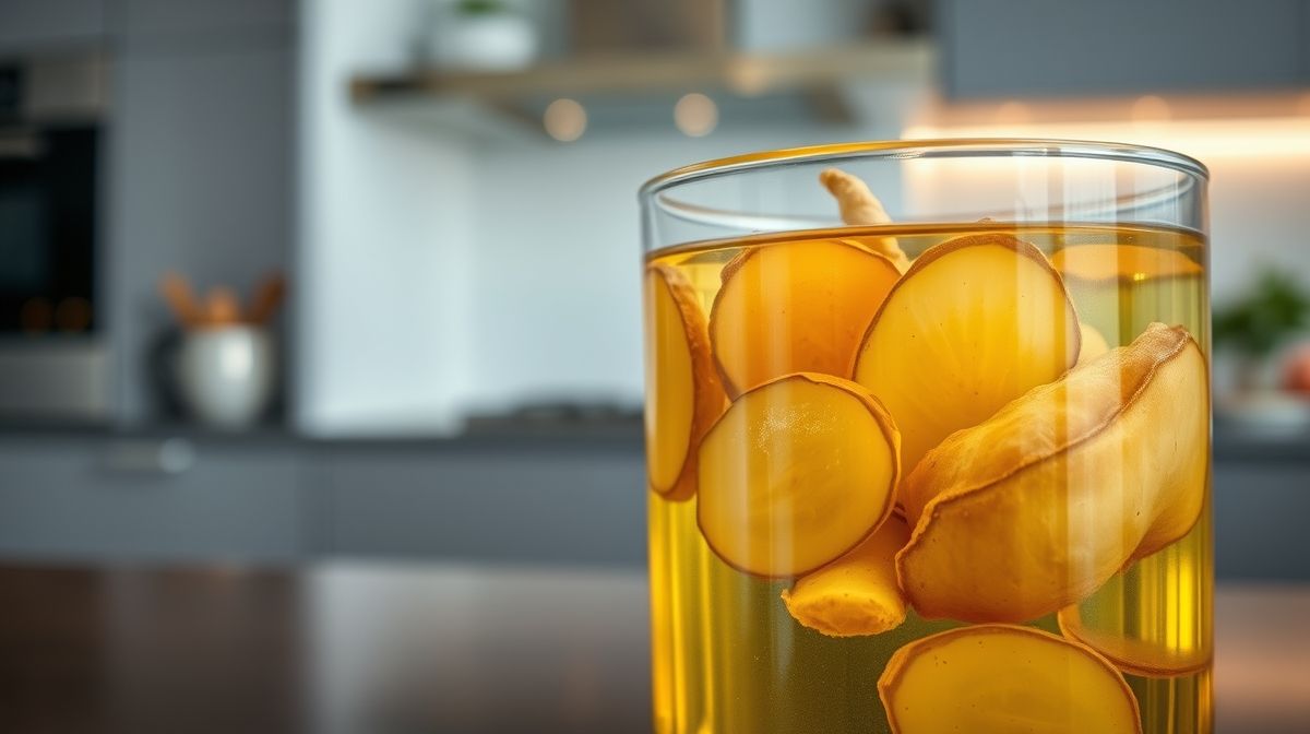 Close-up de gengibre descascado cortado em pedaços dentro de recipiente de vidro com azeite, fundo de cozinha moderna, luz suave