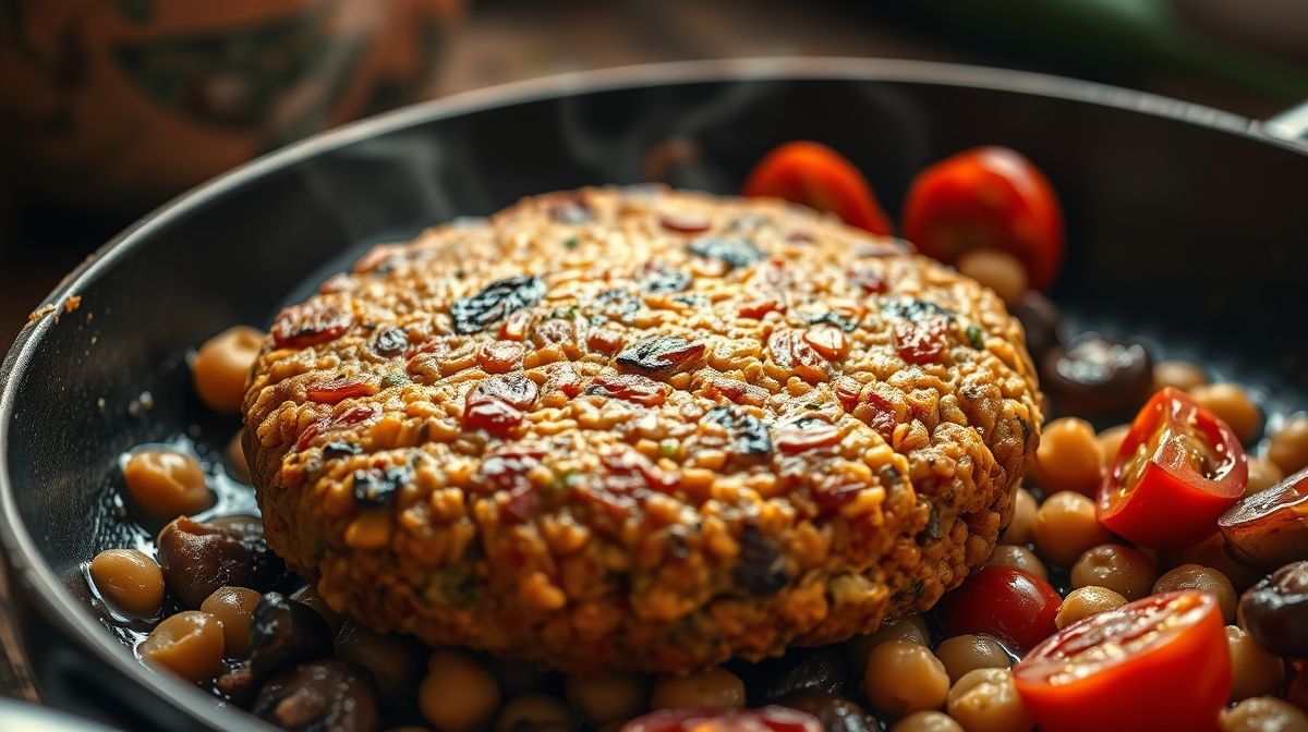 Close-up de hambúrguer de grão-de-bico com cogumelos e tomate seco na frigideira dourando, textura firme e apetitosa, cenário de preparo culinário delicado