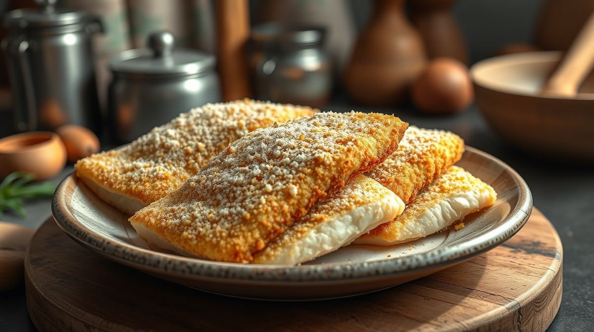 Filés de tilápia empanados na mistura de farinha, fubá e amido de milho, dispostos em prato rústico, com utensílios de cozinha ao fundo, luz natural suave, estilo fotorealismo