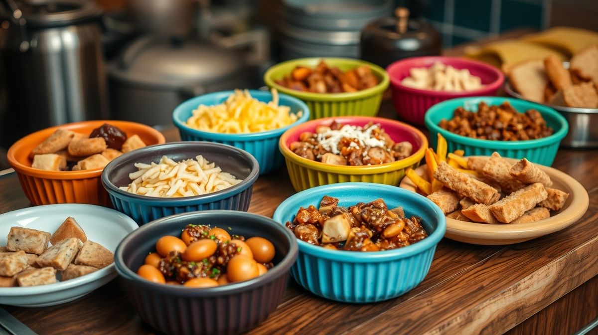 variedades de recheios para panqueca servidos em tigelas coloridas, carne moída, frango desfiado, queijos, opções doces como banana com canela e Nutella, ambiente de cozinha acolhedora, foco nítido