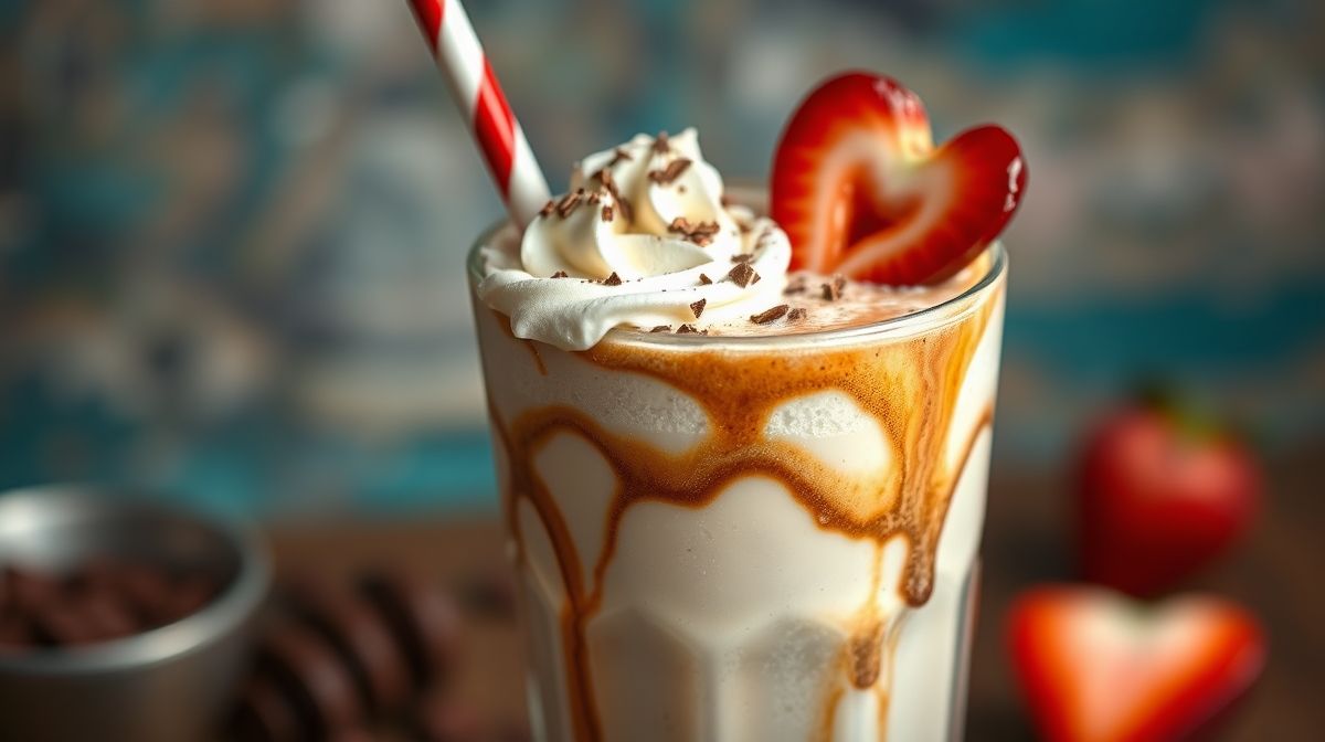 Close-up de um milk shake cremoso sem sorvete com chantilly e calda de chocolate, copo alto com canudo, ambiente de café acolhedor, cores vibrantes