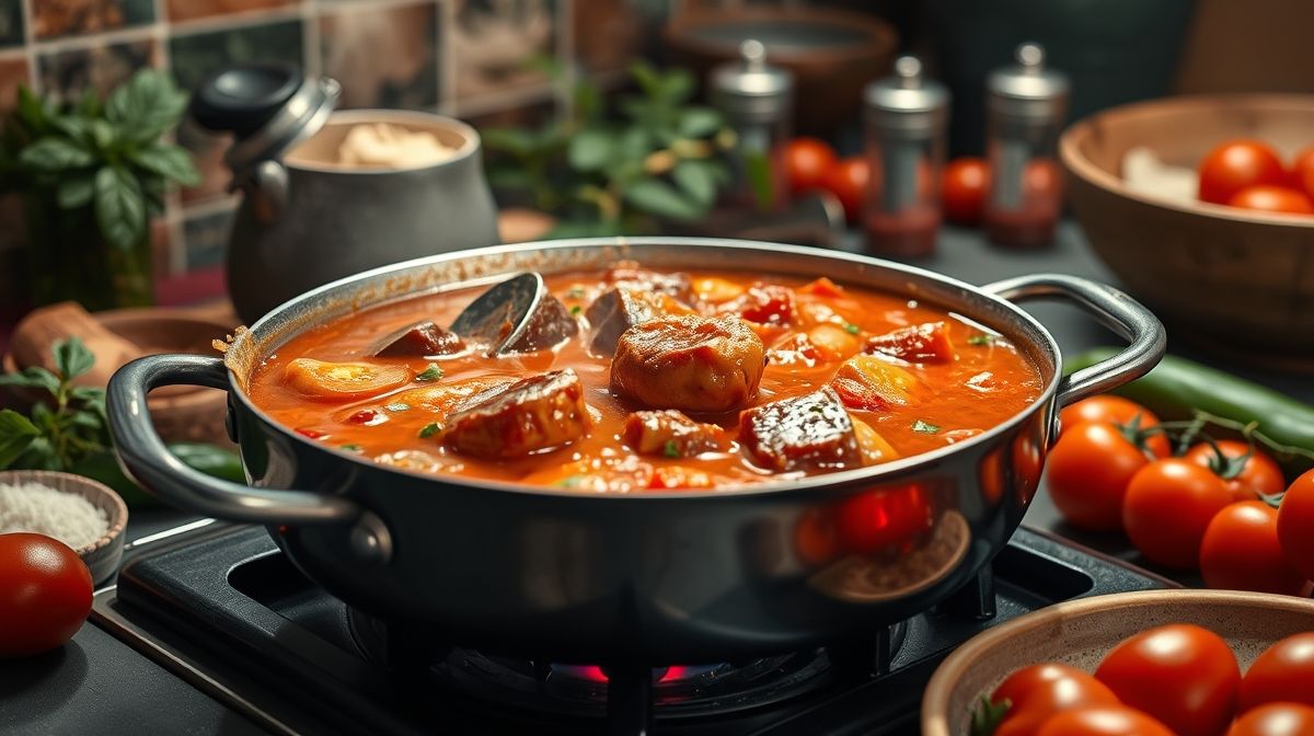 panela grande com molho de cachorro quente colorido sendo preparado no fogão, ingredientes frescos ao redor como tomates, pimentões e milho, ambiente de cozinha brasileira, fotografado com iluminação clara e foco nítido