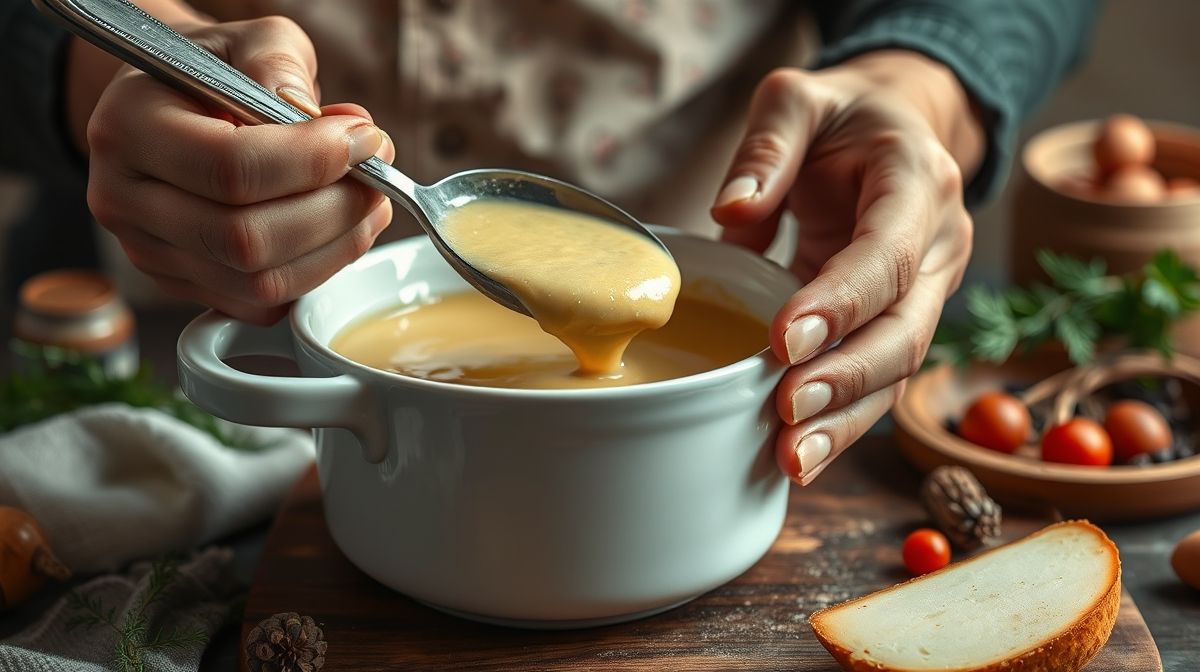 Close-up de mãos batendo molho de alho à mão com fouet em tigela branca, ingredientes naturais ao redor, fundo desfocado, iluminação suave e natural, atmosfera de preparo culinário caseiro
