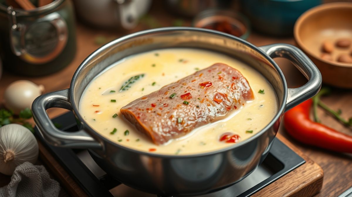 Foto detalhada do preparo de molho cremoso de creme de leite para filé mignon em frigideira, com ingredientes como cebola, alho e pimenta, ambiente acolhedor de cozinha caseira