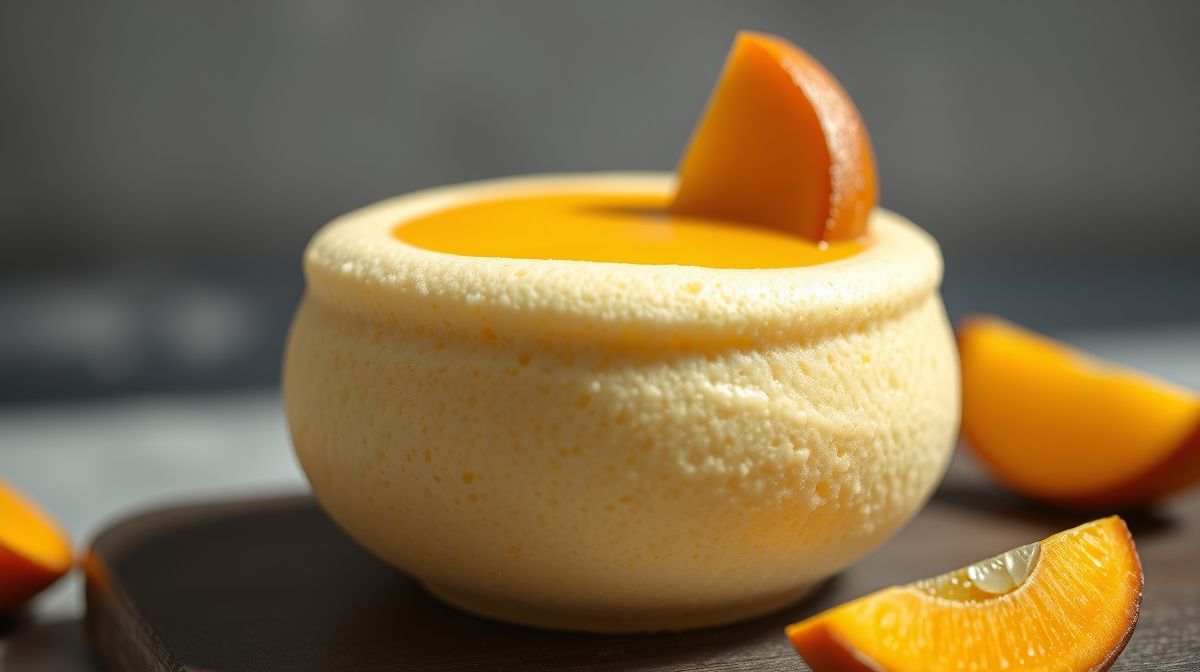 Imagem close-up de mousse de maracujá com calda azedinha por cima, colher delicada ao lado, cenário minimalista com luz suave, enfatizando cremosidade e frescor