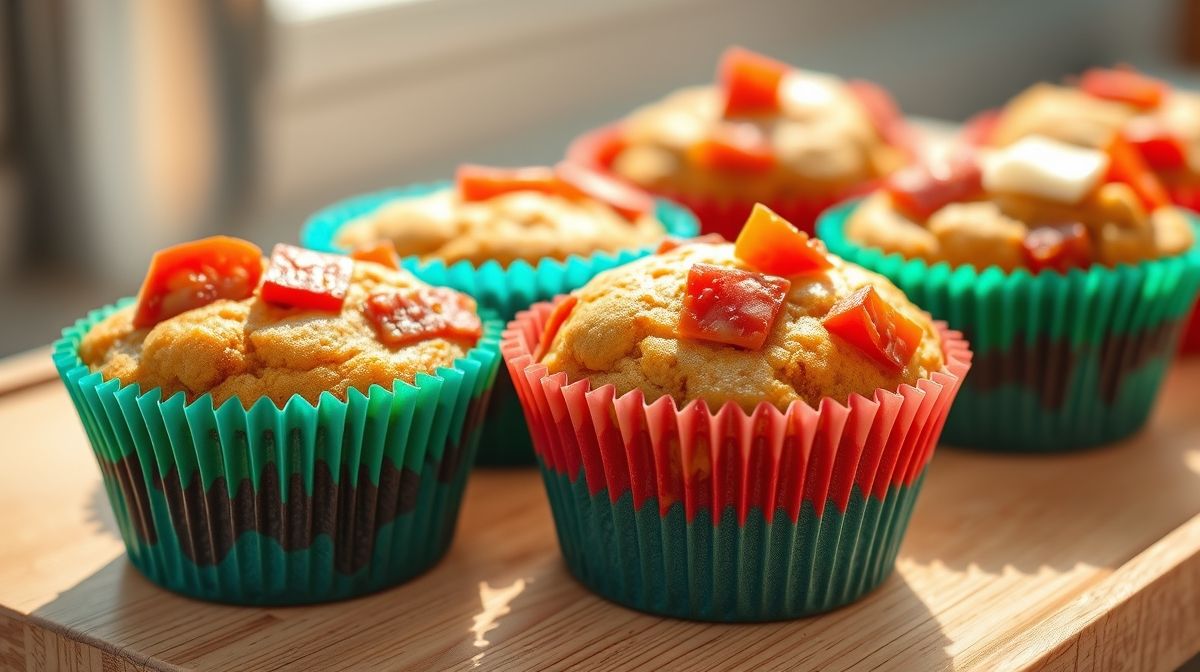 Muffins salgados frescos em forminhas coloridas, com pedaços visíveis de tomate, pimentão e queijo, sobre bancada de madeira clara, luz natural suave, composição harmoniosa para blog de receitas