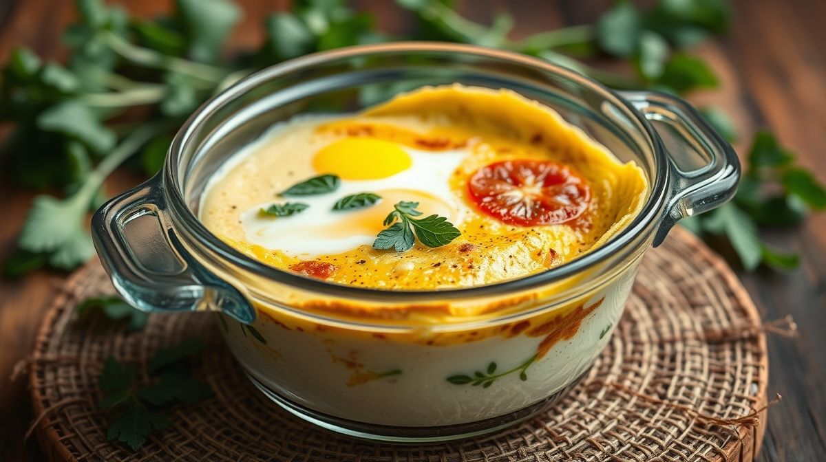 Imagem detalhada do molho especial para omelete feito com iogurte grego, azeite e hortelã fresca, em um pote de vidro transparente com textura cremosa, sobre fundo rústico, iluminação natural