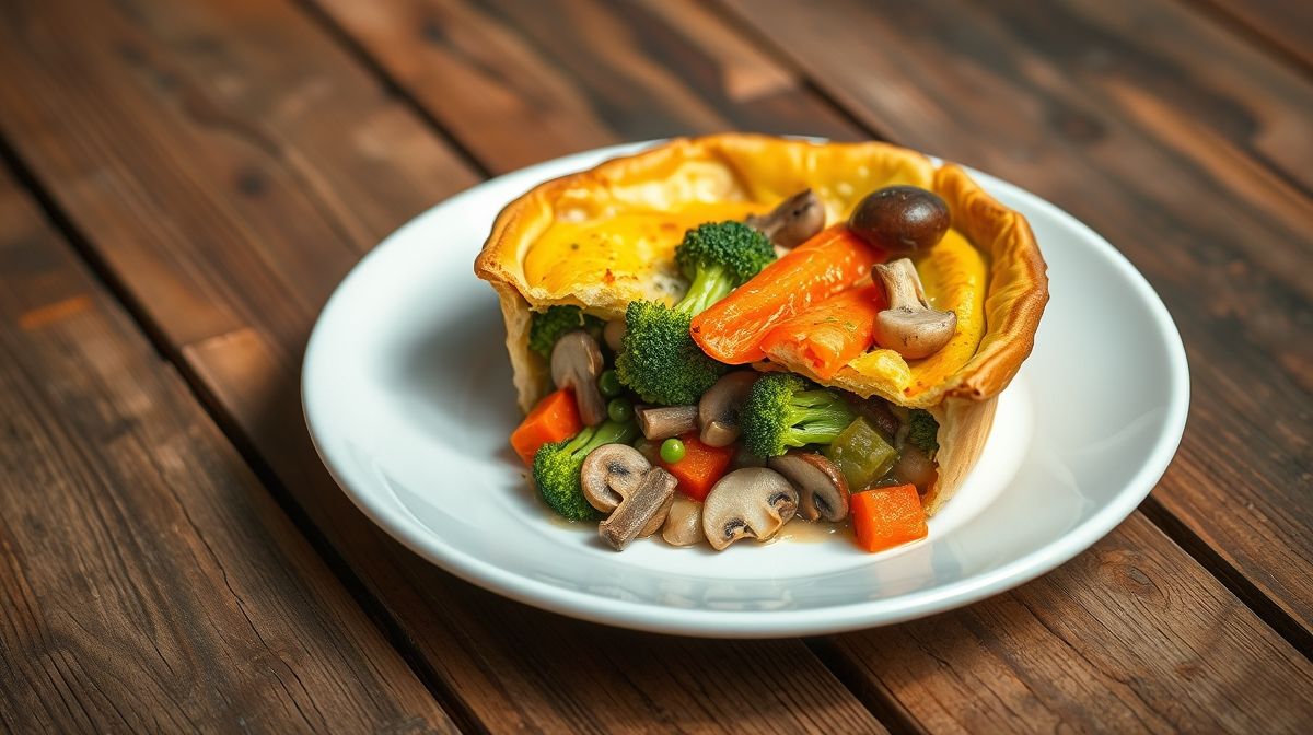 close-up do interior da one pot pie de legumes mostrando legumes variados como cenoura, brócolis e cogumelos, com textura cremosa, em prato branco sobre mesa de madeira, estilo culinária sustentável