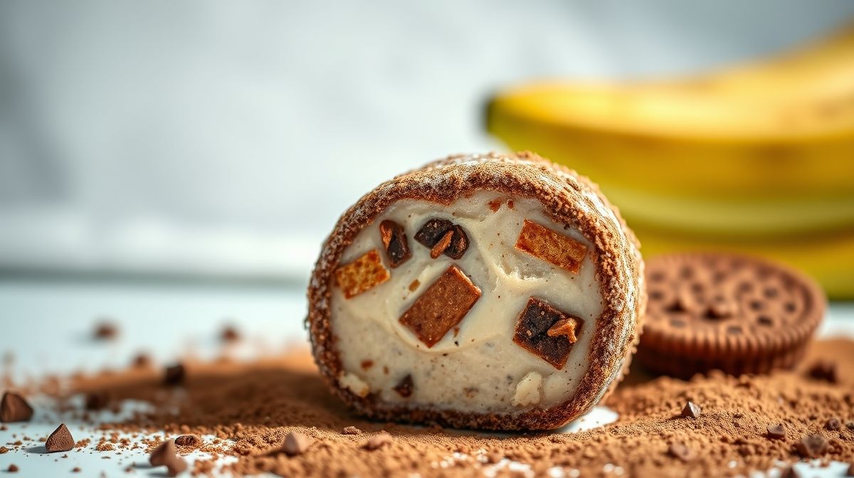 Foto close-up de palha italiana light mostrando textura cremosa e pedaços de bolacha, com cacau em pó e biomassa de banana verde ao lado, cenário claro e moderno