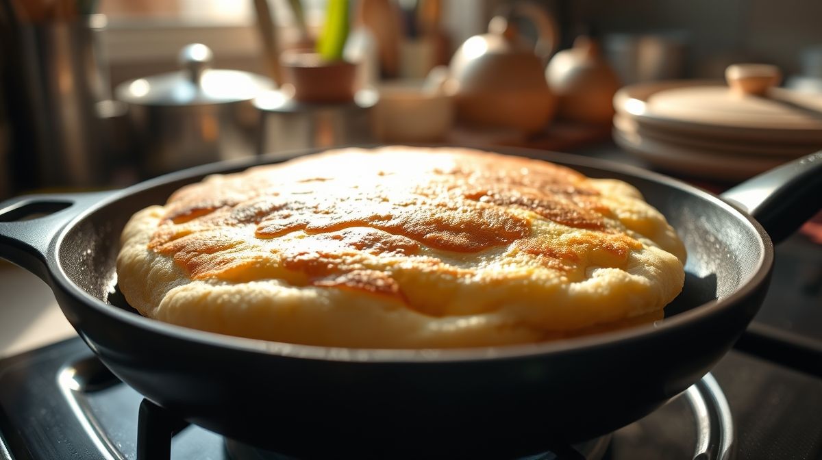 close-up de panqueca sem glúten de fubá cozinhando em frigideira antiaderente, mostrando textura macia e bordas douradas, ambiente de cozinha caseira com utensílios ao fundo, iluminação natural