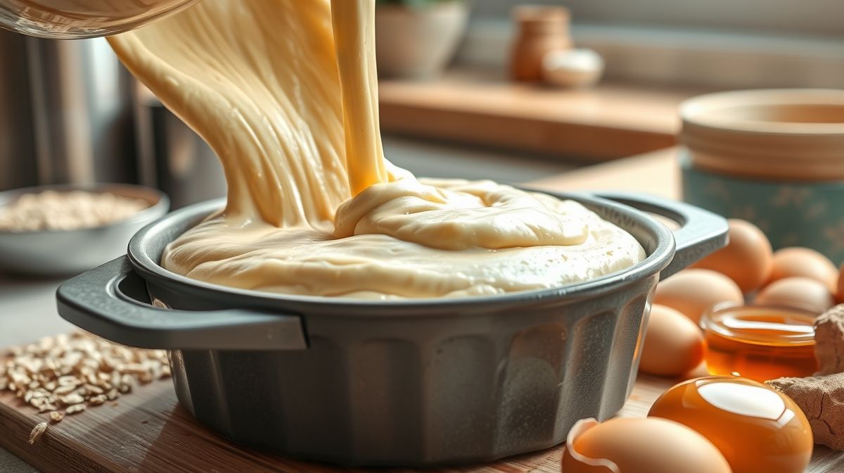 Imagem detalhada da massa de panqueca proteica sendo despejada em forma untada para assar, mostrando textura cremosa e ingredientes naturais próximos, em ambiente de cozinha clara