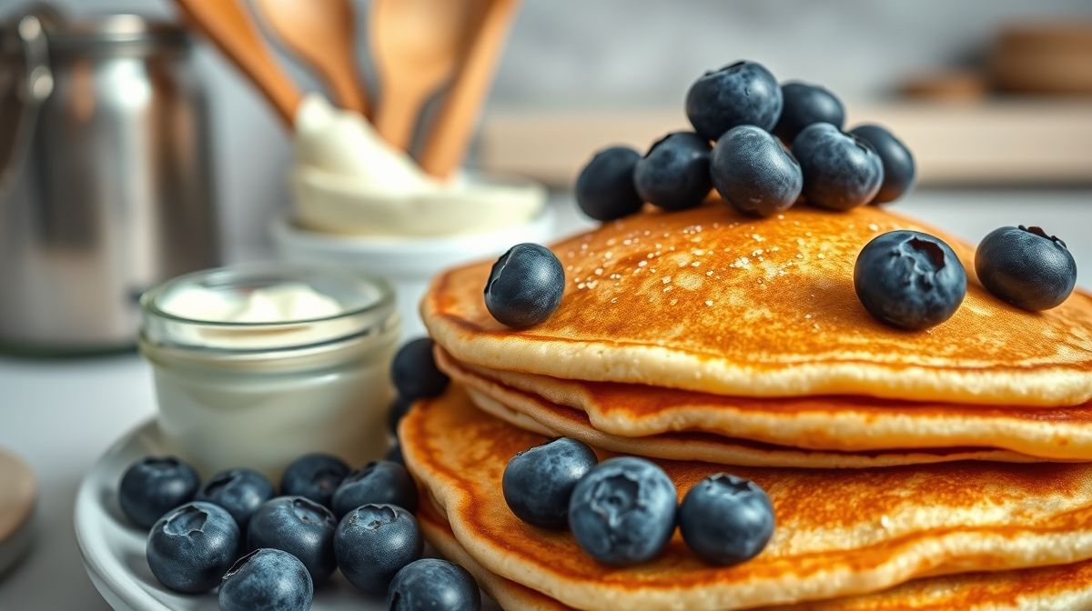 Imagem detalhada de uma panqueca dourada com mirtilos frescos por cima, ao lado de um pote de queijo cottage e utensílios de cozinha, estilo realista, iluminação suave, composição moderna