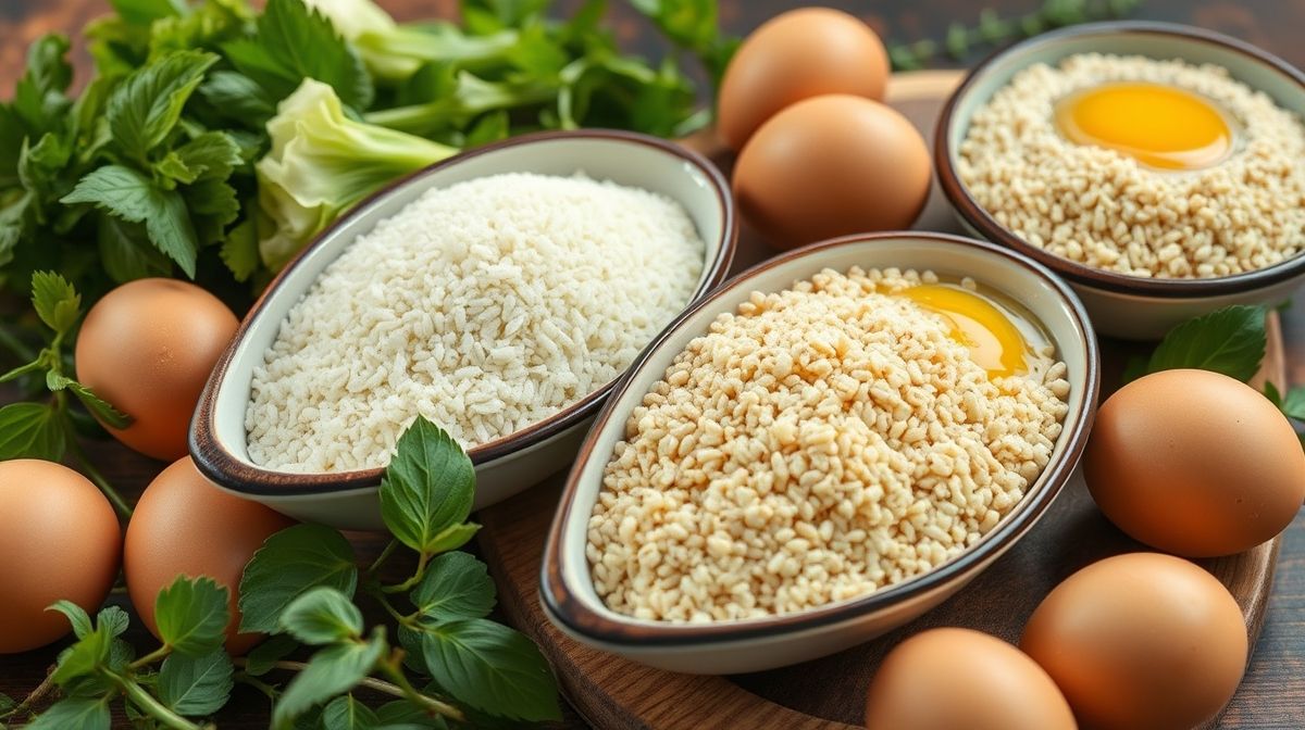 Foto close-up de ingredientes naturais para pão de cenoura sem glúten: cenouras frescas, ovos, farinha de arroz, quinoa em flocos, azeite de oliva, tudo disposto em tigelas de cerâmica sobre uma bancada de cozinha clara