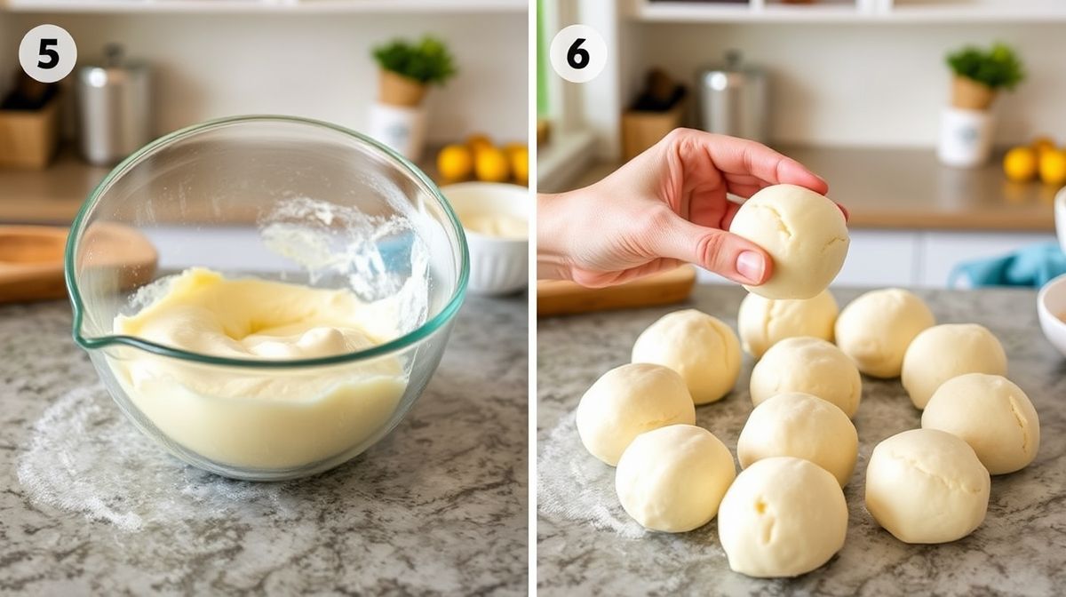 step-by-step images showing the preparation of pão de queijo dough and shaping into balls, kitchen background, bright and inviting atmosphere