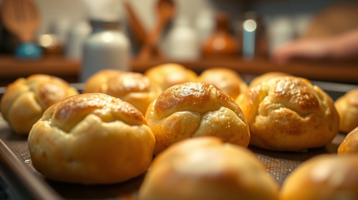 Close-up de bolinhas de pão de queijo recém-assadas em assadeira, textura macia e dourada, fundo desfocado de cozinha caseira