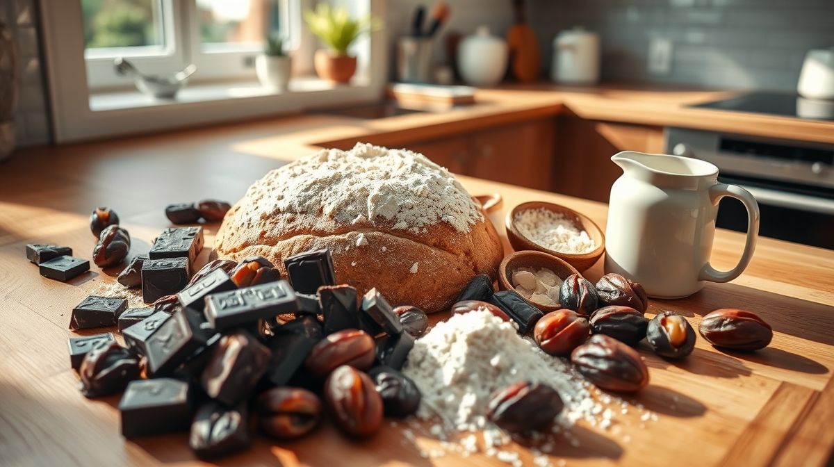 Imagem do preparo do pão de soda com tâmaras e chocolate, ingredientes visíveis como tâmaras, chocolate picado, farinha, leite vegetal, em uma bancada de cozinha moderna
