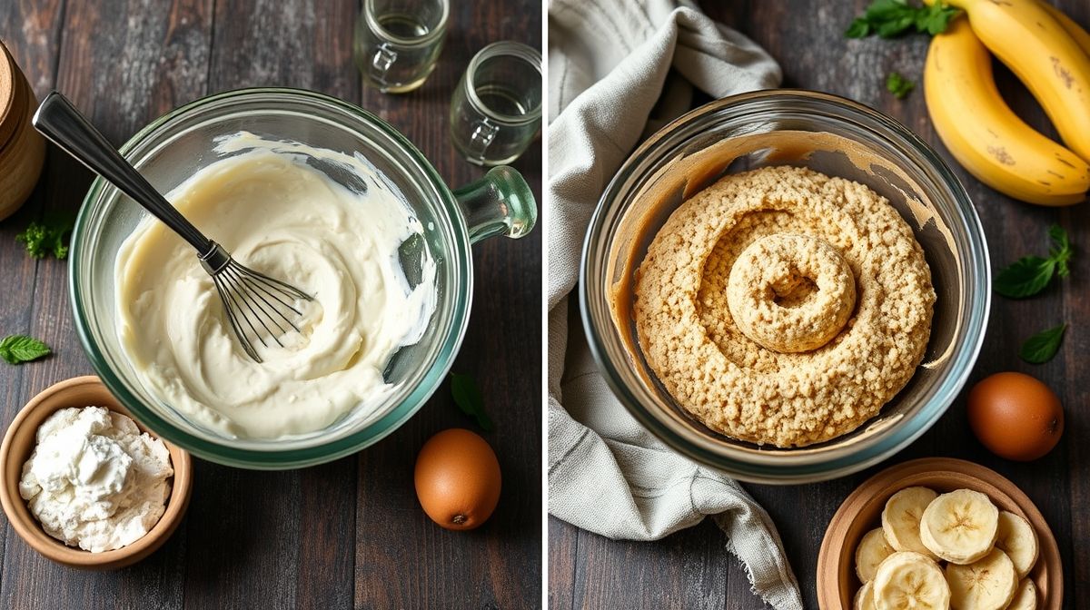 Imagem detalhada do processo de preparo do pão de Yorgus, passando a mistura homogênea de banana e iogurte grego em uma tigela, com utensílios de cozinha e ingredientes frescos ao fundo, estilo natural e convidativo