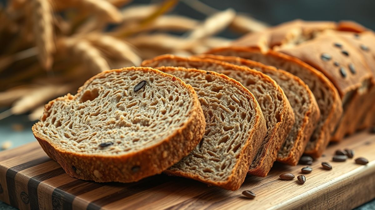 Close-up de fatias de pão integral com textura visível, sobre uma tábua de madeira, com um fundo desfocado de ingredientes naturais como trigo e sementes, estilo fotográfico realista