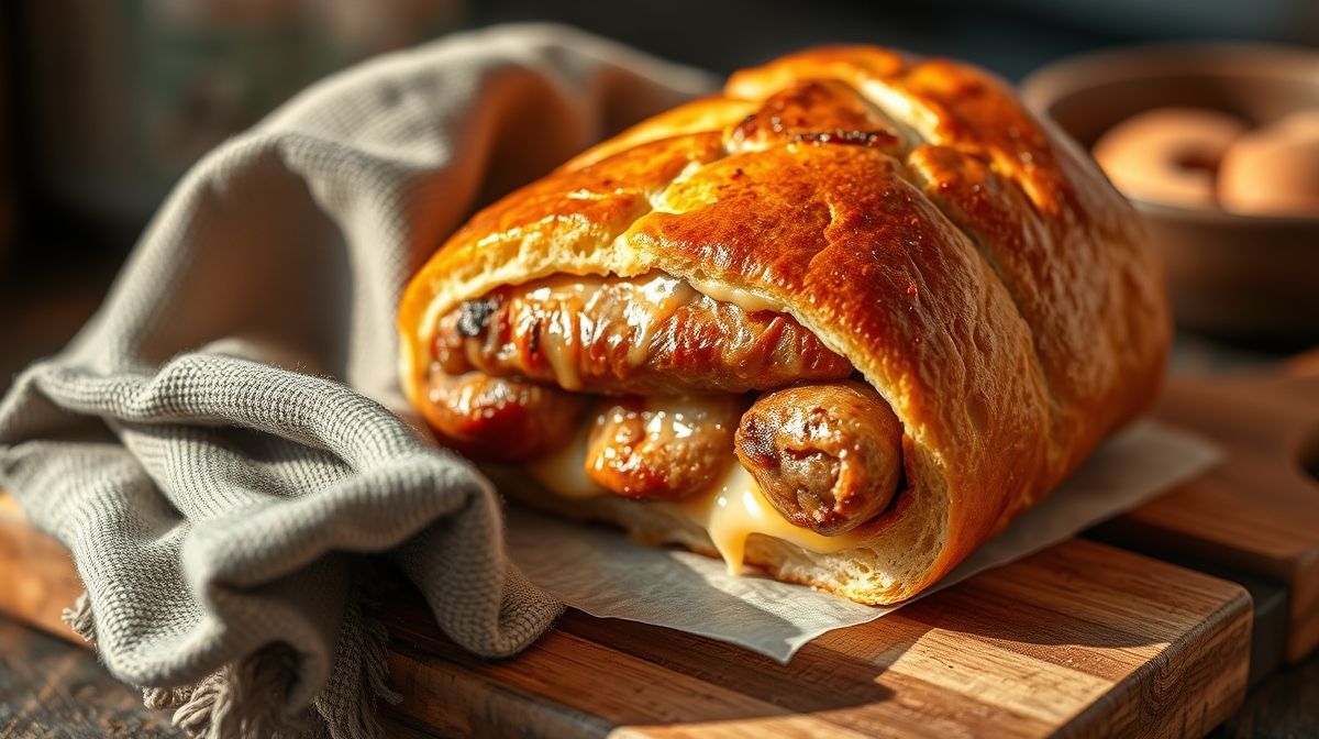 Close-up de pão recheado com calabresa acabado de assar, com calabresa dourada e queijo derretido, sobre uma tábua de madeira rústica com um pano de prato ao lado