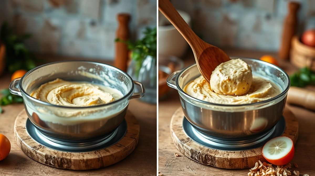 Imagem detalhada das etapas do preparo do pãozinho com leite vegetal, mostrando a massa homogênea sendo amassada à mão, com ingredientes naturais ao redor, em ambiente de cozinha caseira e iluminada