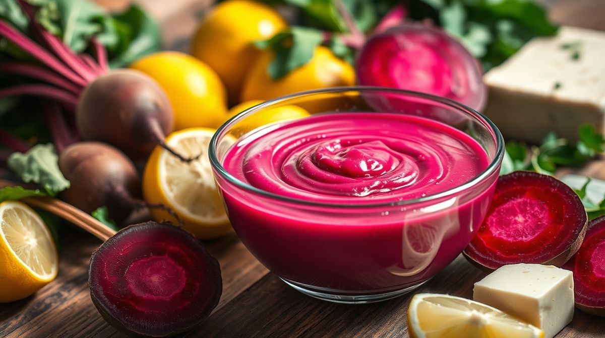 imagem close-up de molho de beterraba cremoso em uma tigela de vidro, com ingredientes frescos ao redor como beterrabas, limões e tofu silk, estilo culinária saudável, iluminação natural