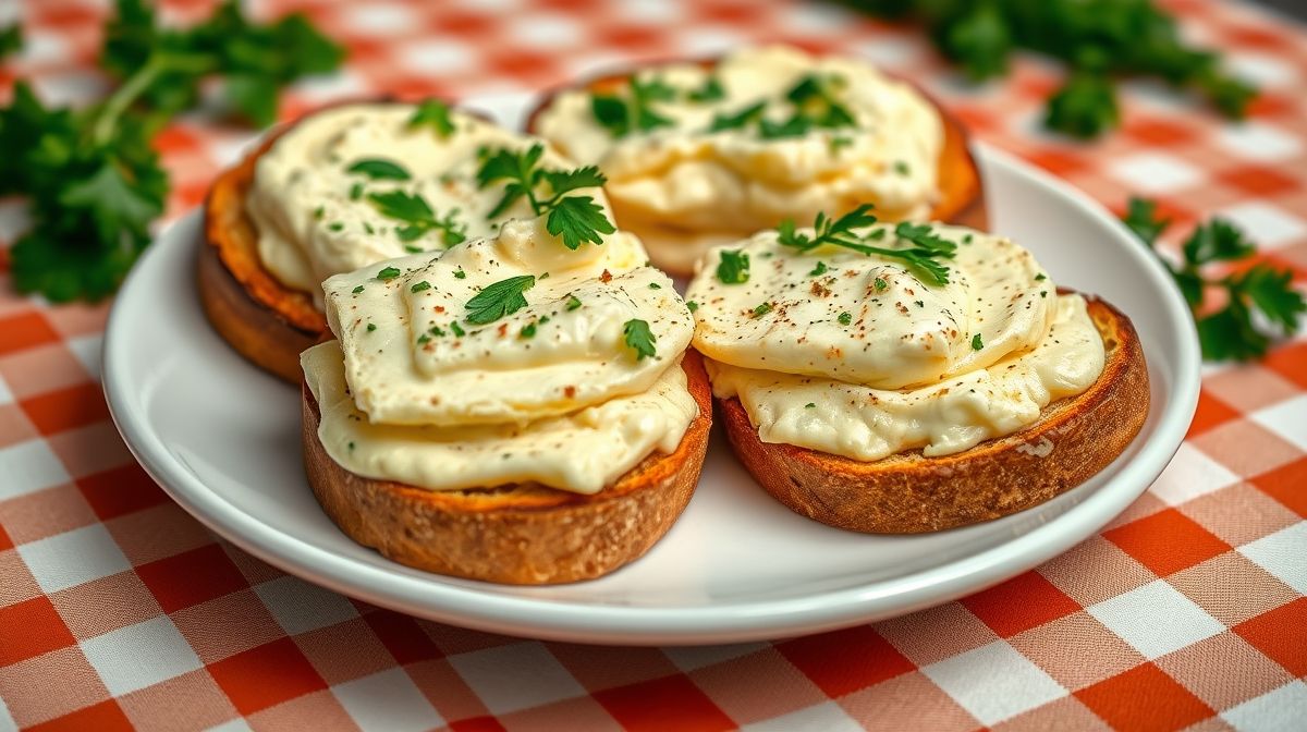 Close-up de pastinha de ovo bem cremosa sobre torradas rústicas, decoradas com salsinha fresca picada, em prato branco sobre toalha xadrez, foto gastronômica atraente e convidativa