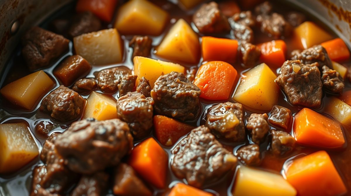 Foto detalhada de uma panela com picadinho de carne com batata e cenoura, mostrando os ingredientes frescos e o molho espesso, foco nos cubos de carne e legumes macios, estilo comida caseira