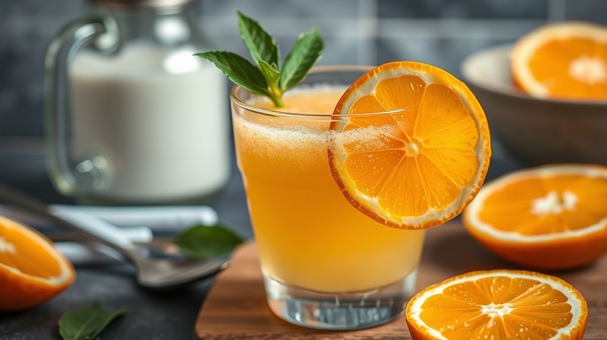 close-up de uma laranja cortada e suco fresco em um copo transparente, com fundo de cozinha clean e utensílios para preparar suco