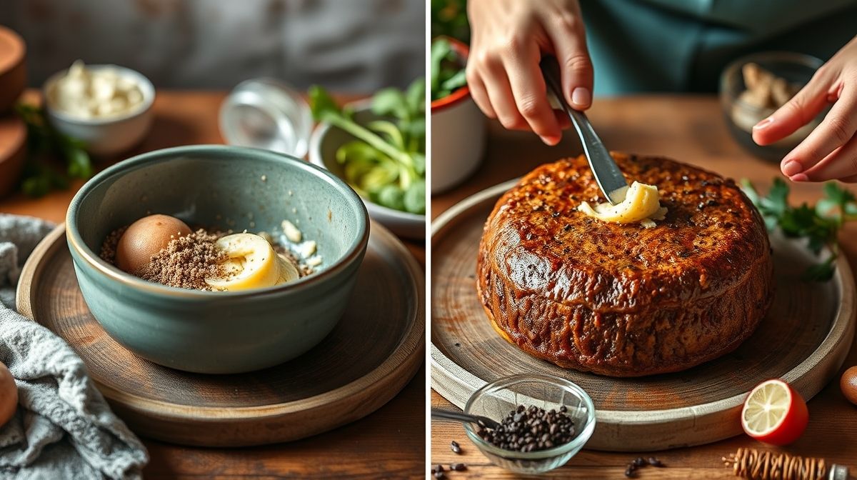 Imagem do passo a passo de pudim preparado manualmente com fouet e garfo, mostrando ingredientes simples em uma cozinha caseira aconchegante