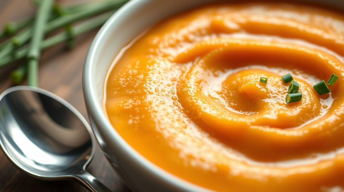 Close-up do purê de cenoura cremoso em uma tigela branca, textura aveludada e cremosa, coberto com cebolinha fresca picada, com uma colher de metal ao lado, luz suave ressaltando o brilho do prato