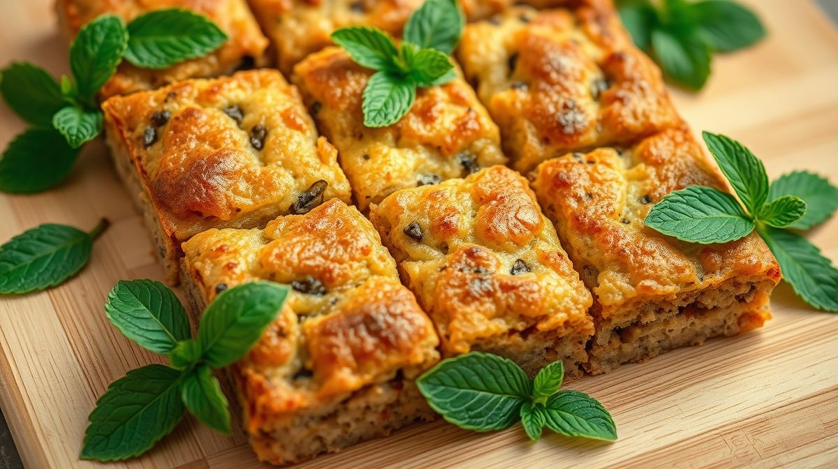 Imagem close-up de quibe de forno cortado em quadrados com crosta dourada, textura úmida interna visível, fundo de madeira clara e decoração com folhas de hortelã frescas, estilo gastronômico