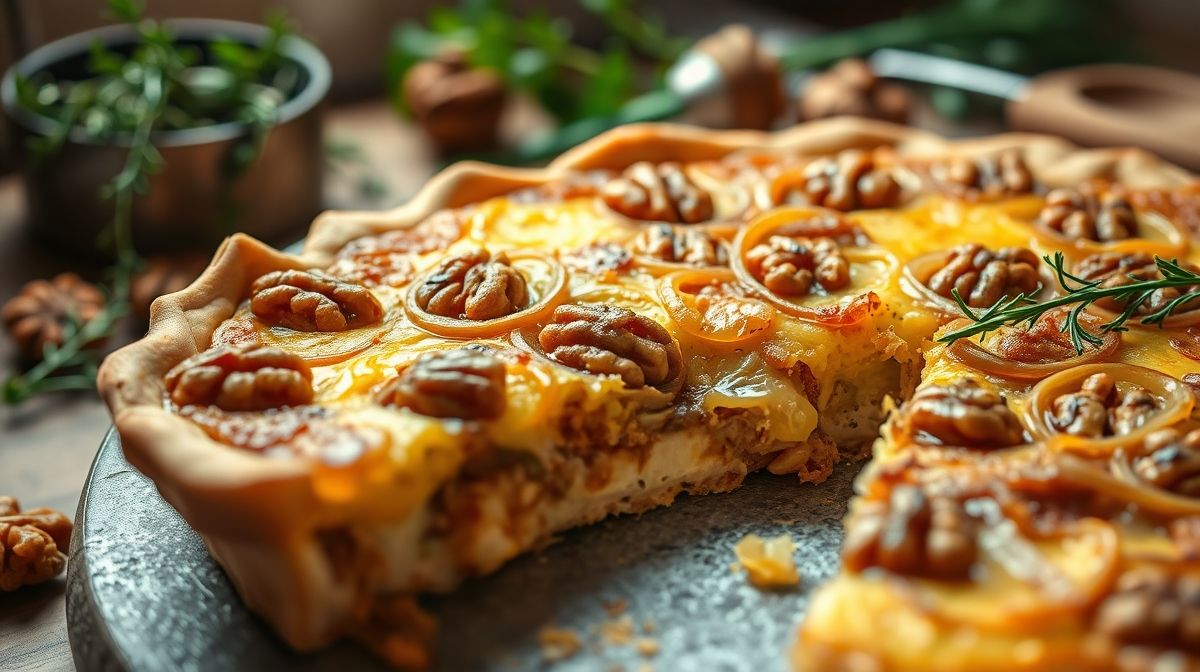 Close-up de quiche sem glúten com cebola caramelizada dourada e nozes, fatia cortada mostrando recheio cremoso, fundo desfocado com utensílios de cozinha e ervas frescas