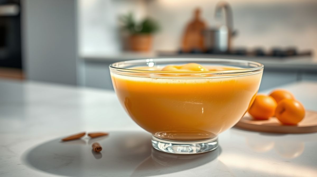 Close de molho de damasco cremoso sendo servido em tigela transparente, textura suave e brilho natural, ambiente de cozinha clean e moderna