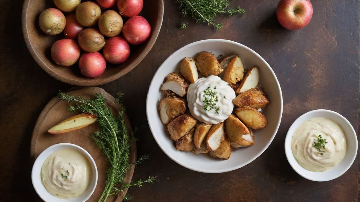 overhead view of a table setting featuring a bowl of salpicão de frango with batata palha and mayonnaise, fresh ingredients like sliced apples, piments, and fresh herbs around, vibrant and inviting food styling