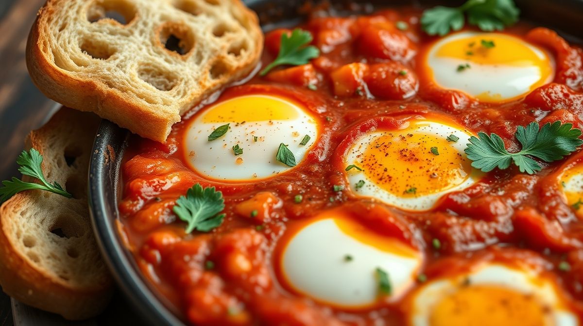 close-up de shakshuka servida com pão torrado, detalhes do molho vermelho com pedaços de abóbora, ovos cremosos escalfados, decorado com salsa fresca e sumac, composição culinária