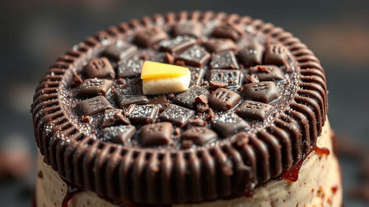 close-up de sobremesa de Oreo com 3 ingredientes em pote, com pedaços de biscoito visíveis e textura cremosa, fundo desfocado, fotografia gastronômica