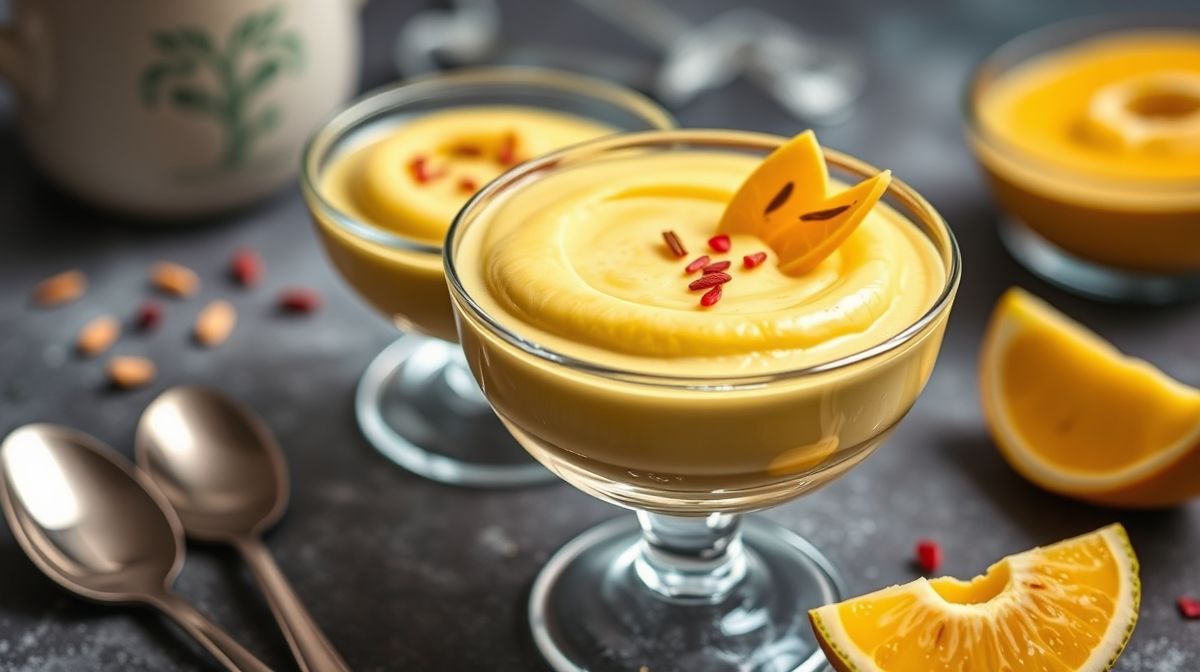 Imagem de mousse de maracujá cremosa, servida em taça com sementes de maracujá decorando, em fundo claro com utensílios de cozinha ao lado