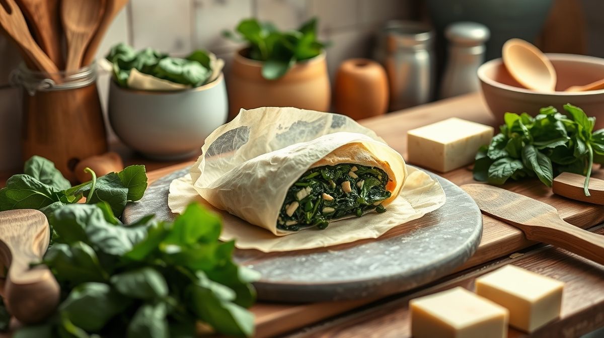 Passo a passo da preparação de spanakopita vegana com espinafres e tofu, mostrando massa filo sendo enrolada com recheio, cozinha iluminada, utensílios de madeira e ingredientes frescos ao redor